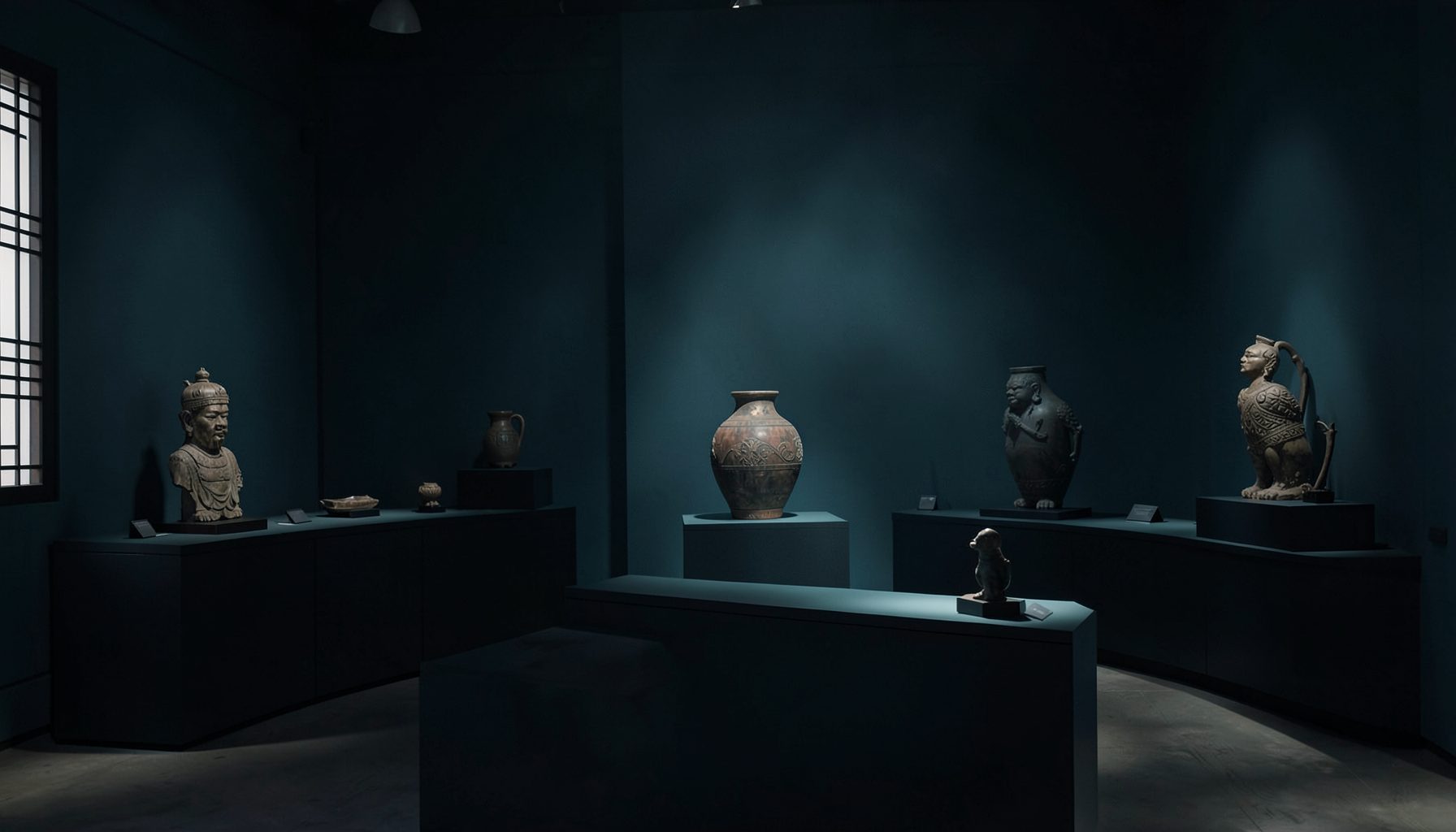 深蓝与墨绿色调的静谧展览室场景，柔和光线洒在陈列的传统工艺器物上，氛围庄重而内敛