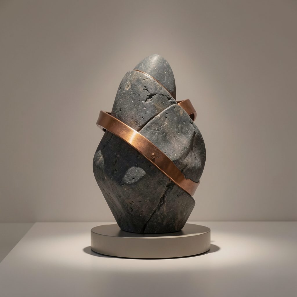 抽象石雕作品置于柔和灯光下，深灰色石材与铜质元素结合，沉稳而富有张力，背景为素净的展陈空间