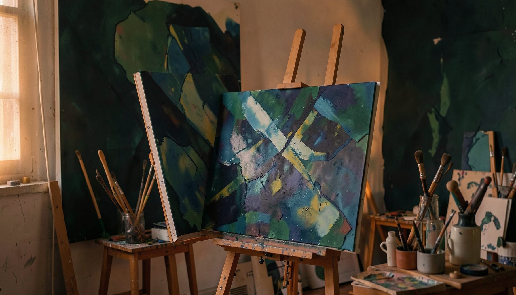深蓝与深绿交织的抽象画室场景，柔和的暖橙色光线洒在画架与雕刻工具上，营造沉静而富有创造力的学术氛围