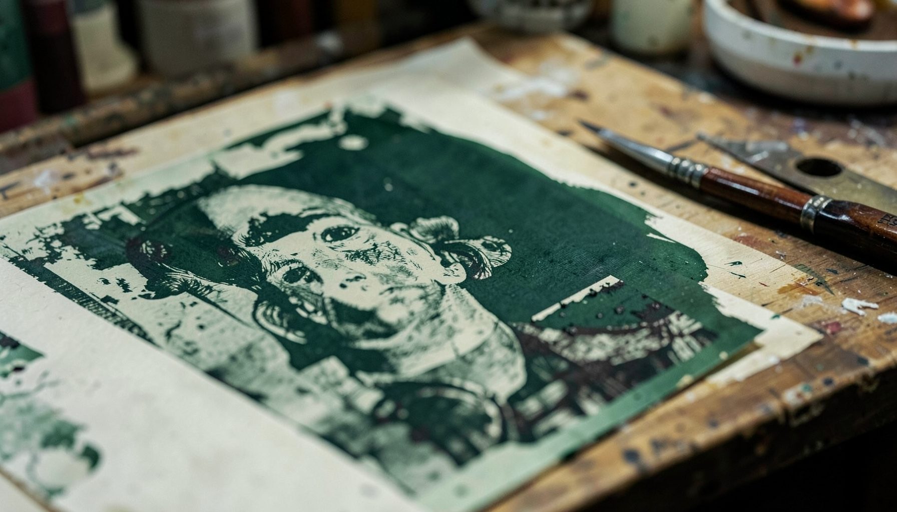 版画工作台局部，深绿色油墨与木刻工具的特写，色调沉稳带有艺术工坊的质感